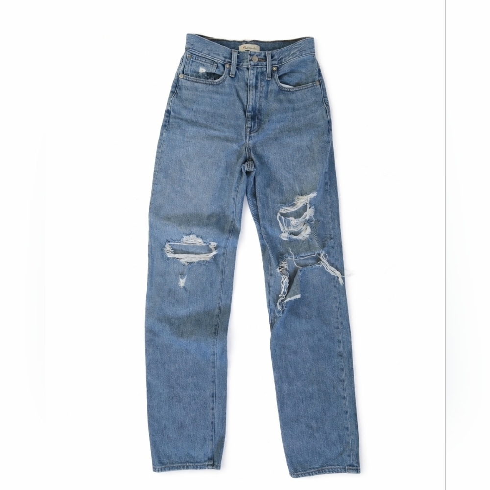 Madewell Baggy straight jeans distressed ripped knees wide leg size 24